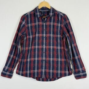 Tommy Hilfiger Red Blue Plaid Dot Long Sleeve Button Up Shirt Top Women's Large‎